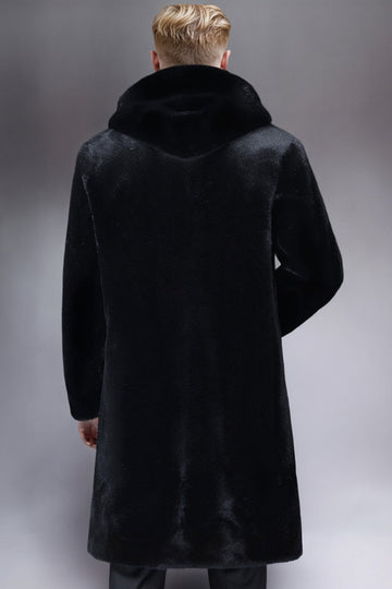 Black Faux Fur Hooded Long Men's Coat